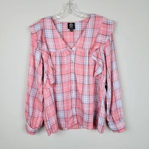 Bobeau Pink Blue Ruffle Button Down Long Sleeves Plaid Babydoll Shirt Size XS